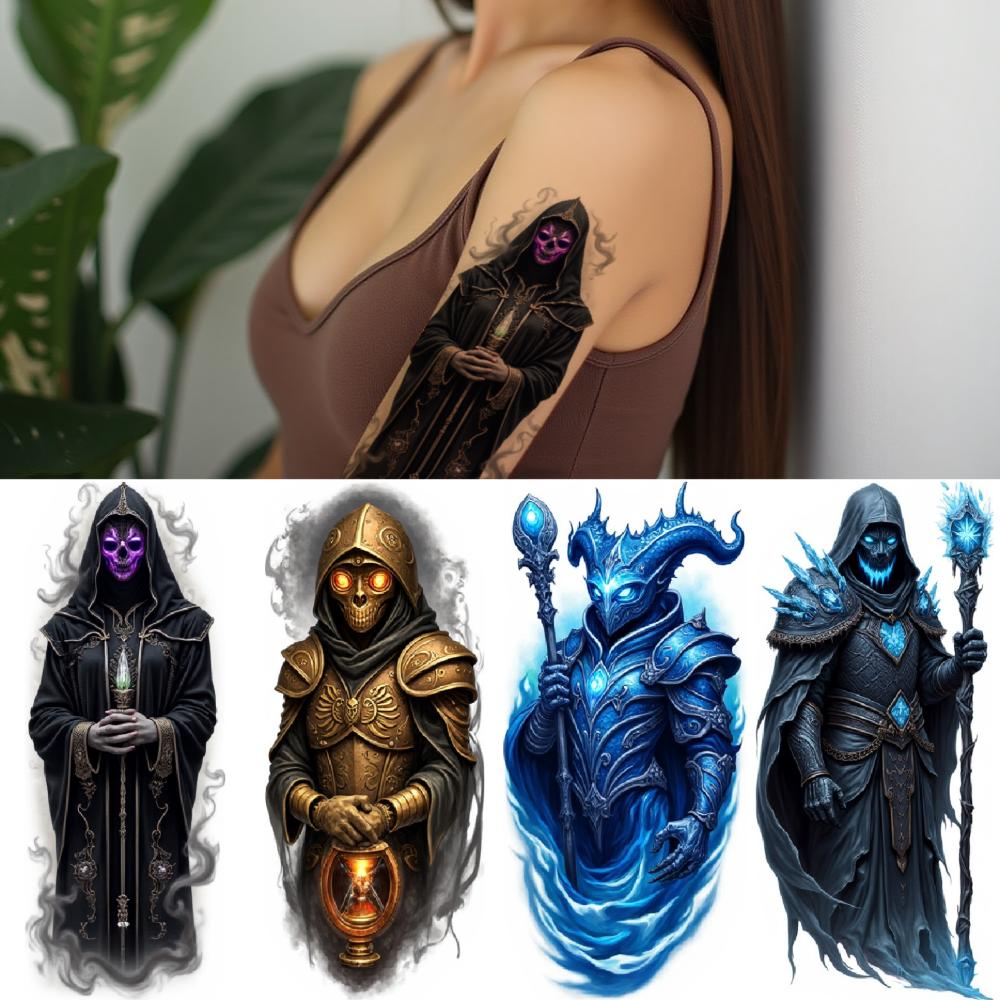 3pcs Temporary Tattoo Waterproof Long-lasting Body Stickers Hooded Figure Mystic Blue Sword Skeleton Warrior For Adults Men