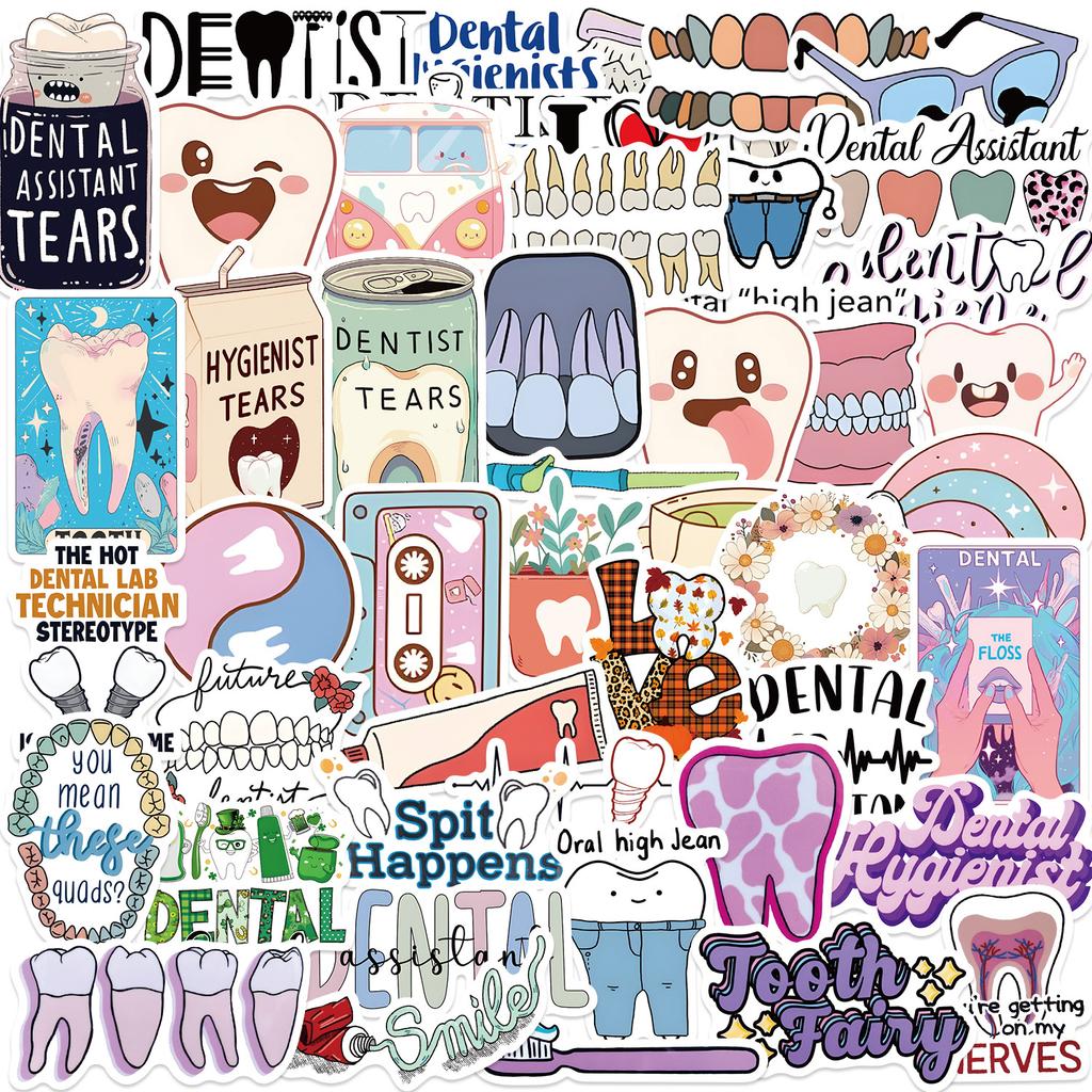 50 Cartoon Dental Dentist Doodle Stickers Decorate Guitar Notebook Suitcase DIY Waterproof