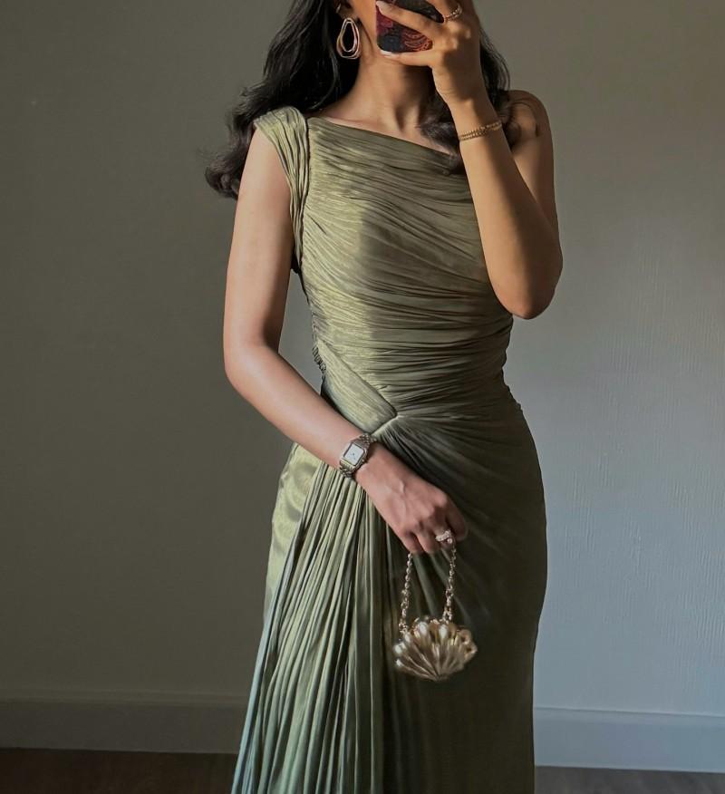 Olive Green One Shoulder Ruffled Maxi Dress