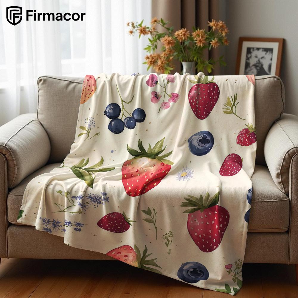 Strawberry & Blueberry Cartoon Anime Print Flannel Blanket Soft Warm Throw for Kids Bedroom Sofa Bed Christmas Office Car