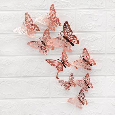 12Pcs/Pack 3D Hollow Out Butterfly Stickers Gold/Silver/Rosegold Mirror Decals Metal Texture Wall Art Wedding Party Supplies