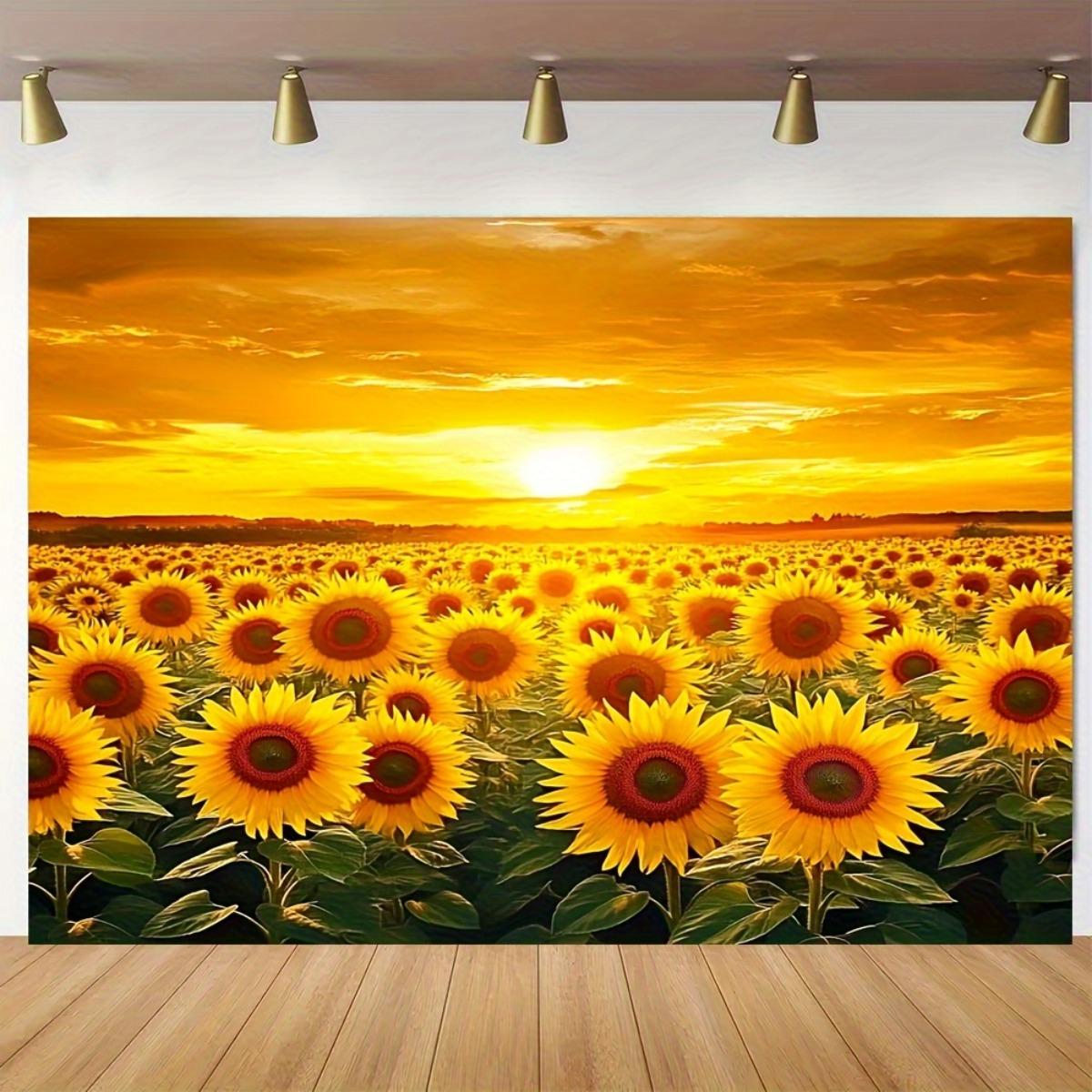 One tapestry with a background of a sunflower field featuring a bright yellow and orange sunset design 100x150cm