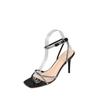 One-word buckle sandals women's 2025 summer new square head beautiful rhinestone straps sexy silver stiletto high heels women