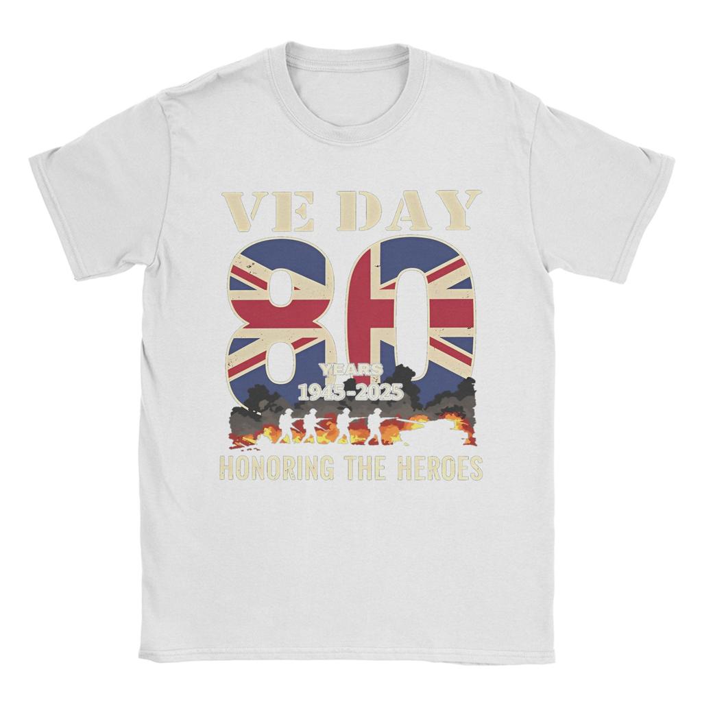 Leisure Ve Day 80th Anniversary 2025 WWII Fire T-Shirt Men Crew Neck 100% Cotton T Shirts UK Flag Short Sleeve Tee Adult Clothes