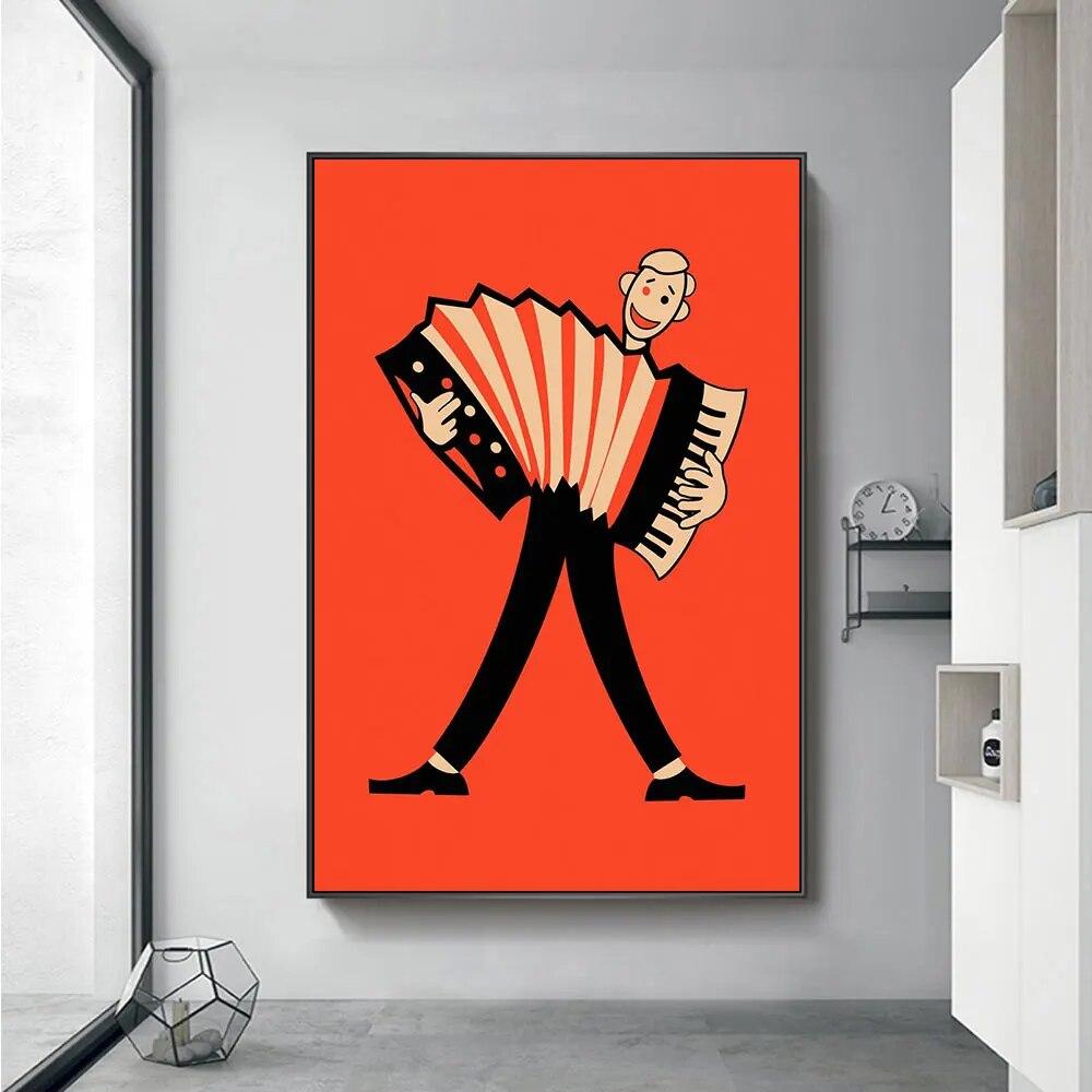 Minimalistisch: Die Musiker, Geiger, Cellist, Sänger, Konzertina, Poster und Druck, Leinwand, Malerei, Wandkunst, Bilder, Raumdekoration, ohne Rahmen