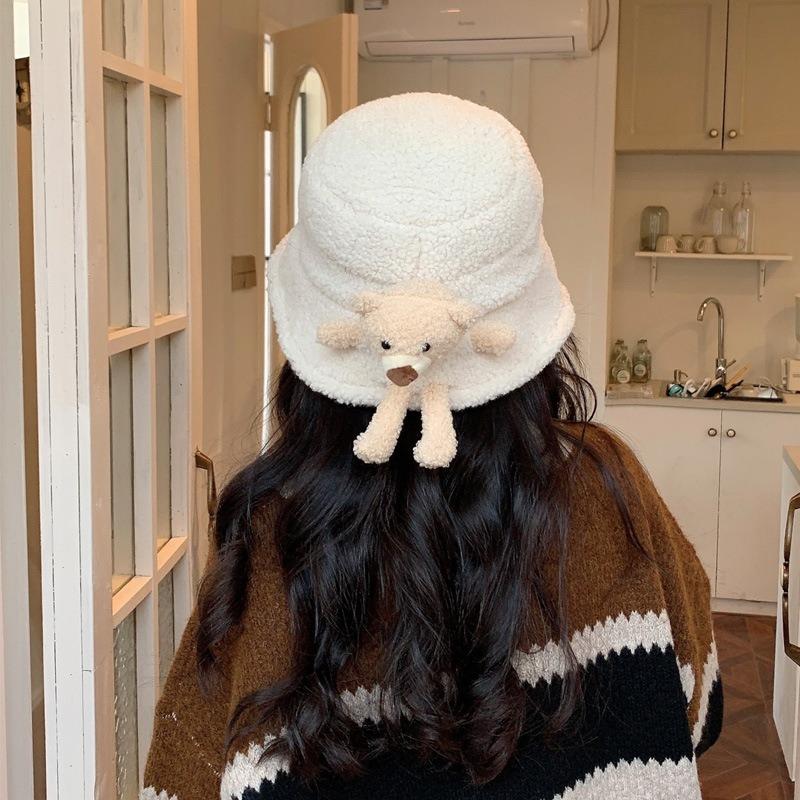 Hat Female Autumn and Winter Versatile Lamb Wool Bear Bucket Hat Cute Cute Cute Warm Basin Hat