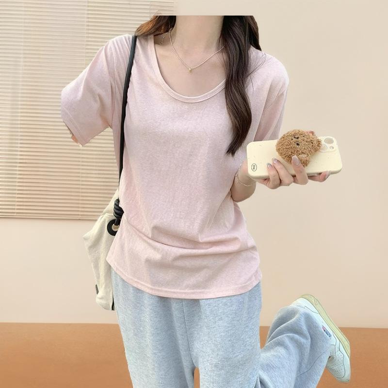 Summer Mint Short-sleeved T-shirt for Women's New Women's Solid Color Pullover Loose Basic Versatile U-neck Front Shoulder Top