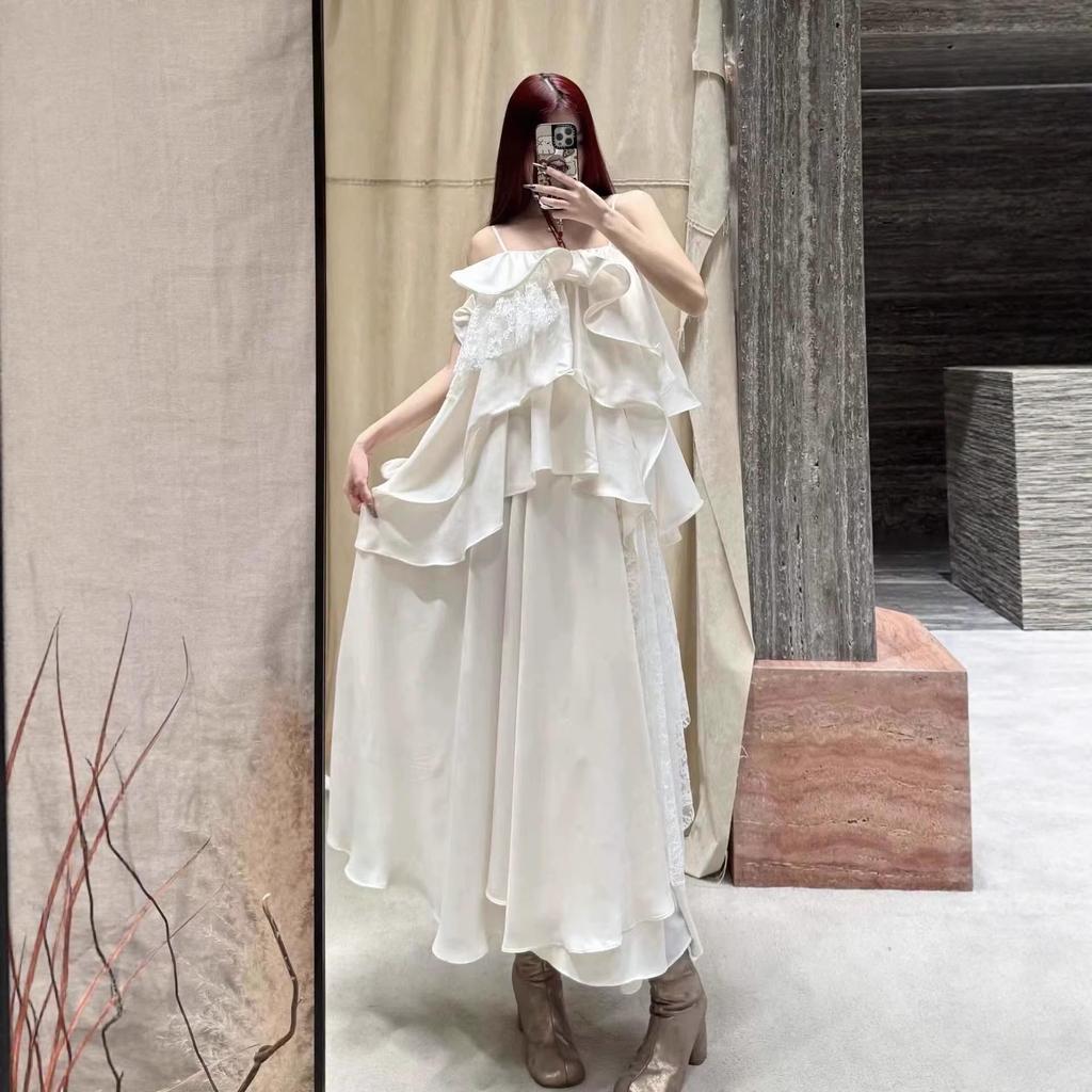 White Irregular Lace Ruffle Camisole Dress