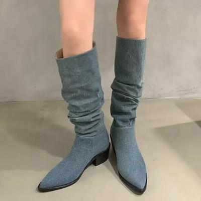 2024 2024 Knee High Chelsea Boots For Women 2024 Autumn New Ladies Modern Denim Female Shoes Low Heel Pointed Toe Western Boots