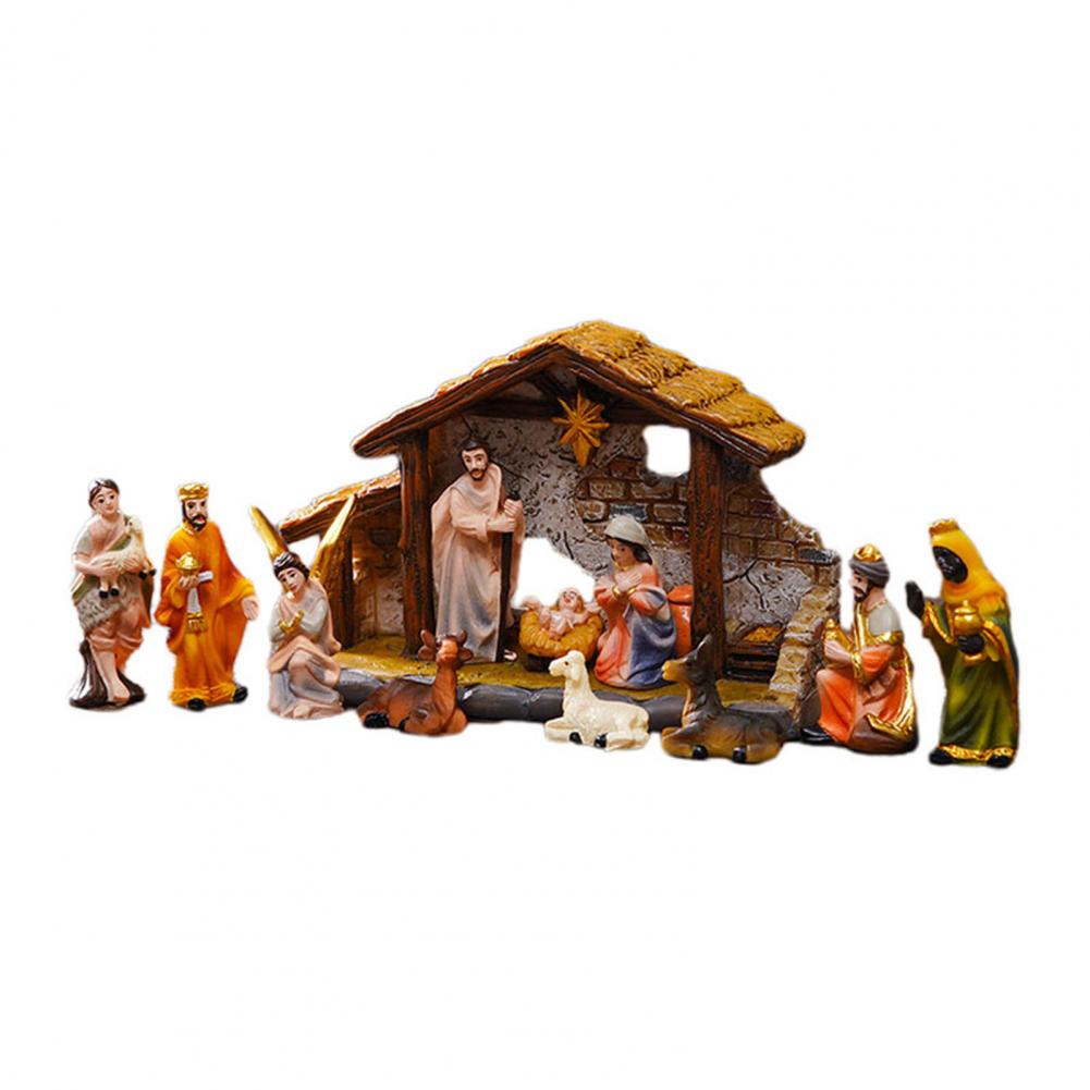 Christmas Manger Set Ornament Nativity Scene Decoration Christmas Nativity Scene Set with Resin Stable Led Star for Holiday