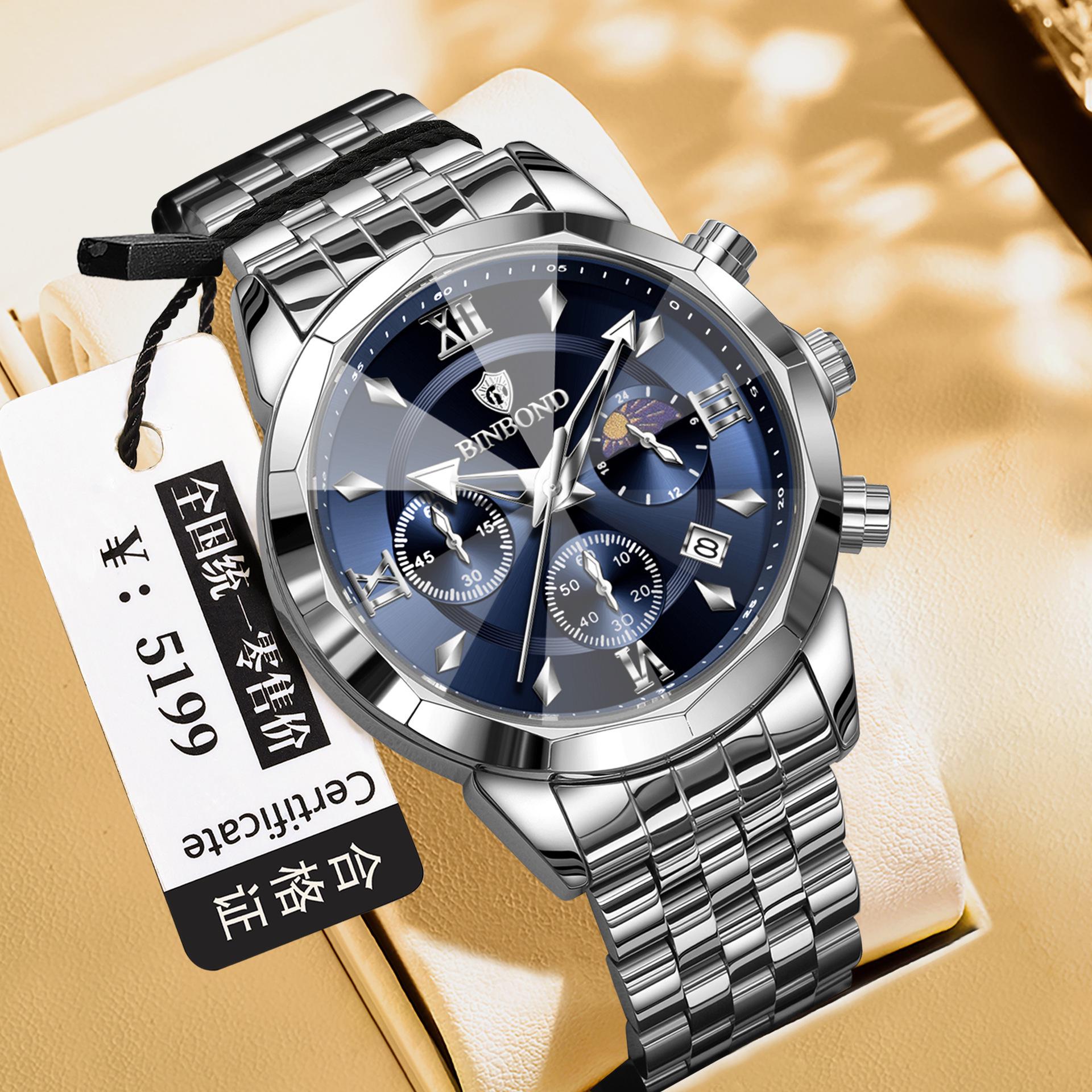 Binbang Luminous Korean-Style Multifunction Chronograph Waterproof Wristwatch