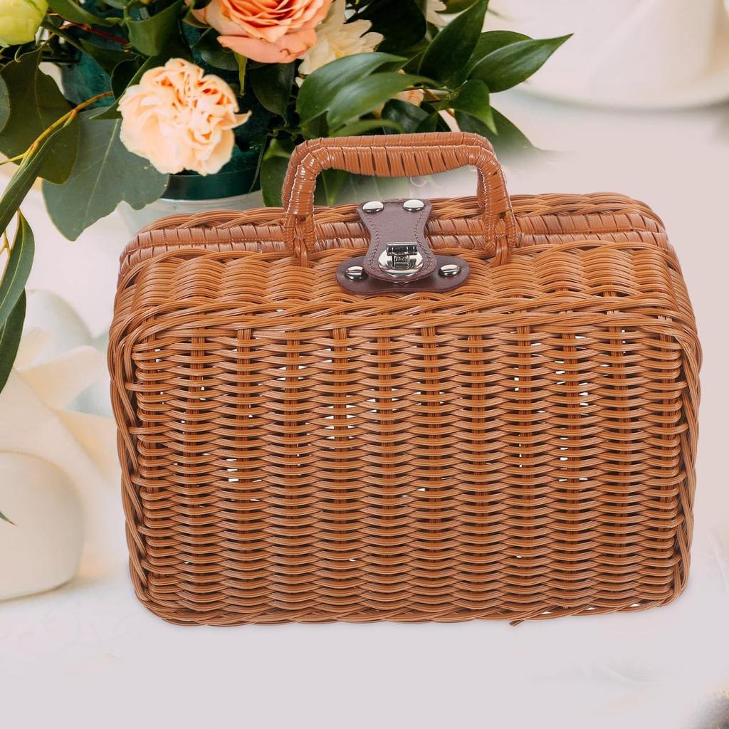 YARNOW Imitation Rattan Suitcase Rattan Picnic Wicker Picnic Basket Storage Basket with Lid Woven Basket with Lid Hand Decor Make Up Clothes