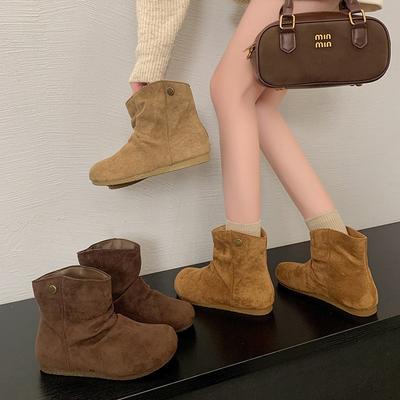 Frosted Leather Folded Martin Boots Women's Short Boots Autumn Round Head Flat Bottom Pile Boots Women's Boots Short Boots