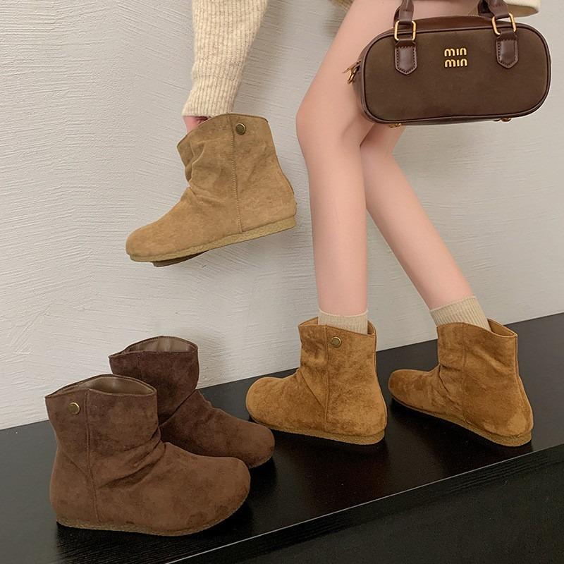 Frosted Leather Folded Martin Boots Women's Short Boots Autumn Round Head Flat Bottom Pile Boots Women's Boots Short Boots