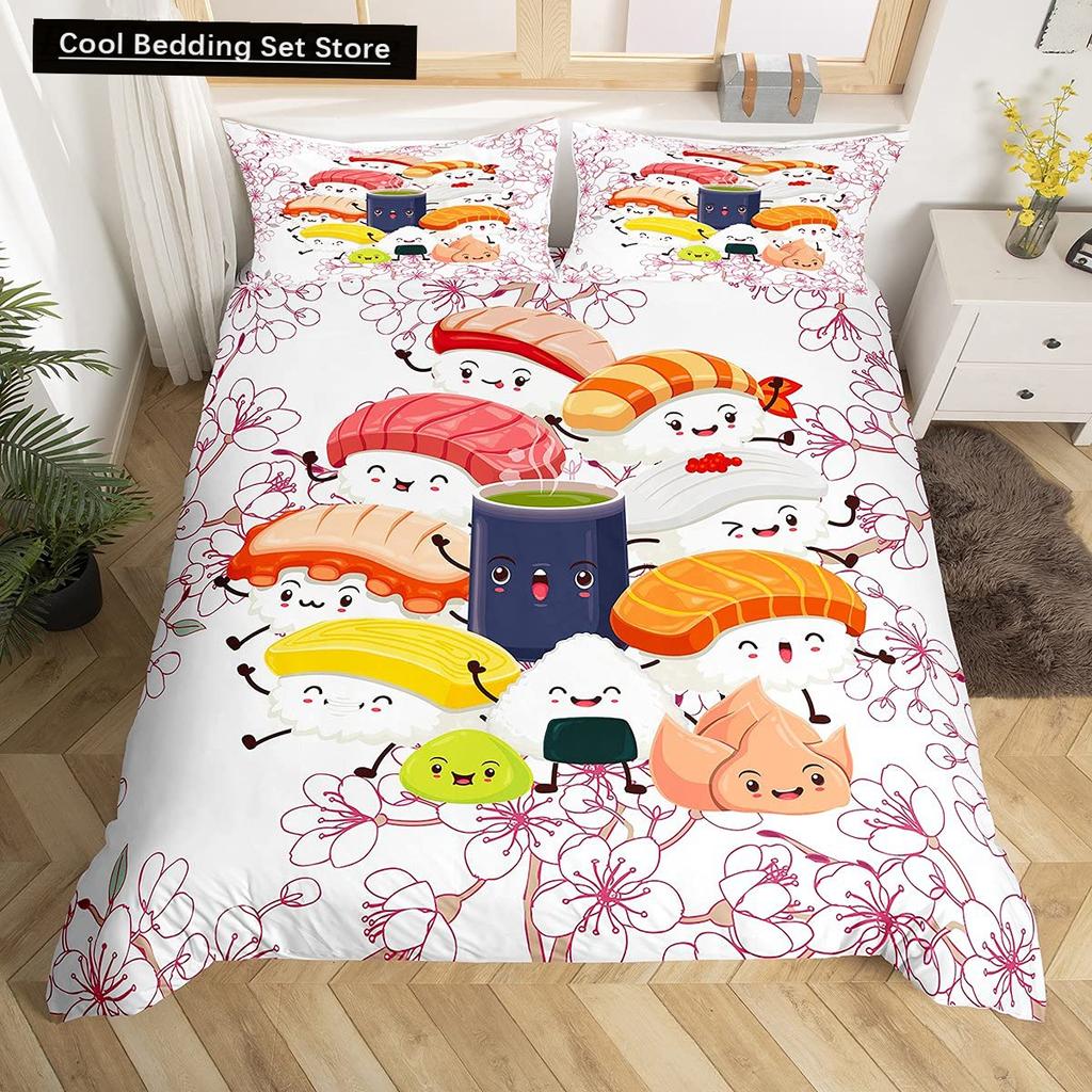 Japanese Sushi King Queen Duvet Cover Little Cat Bedding Set Novelty Cartoon Pet Animal Japan Food White Polyester Quilt Cover