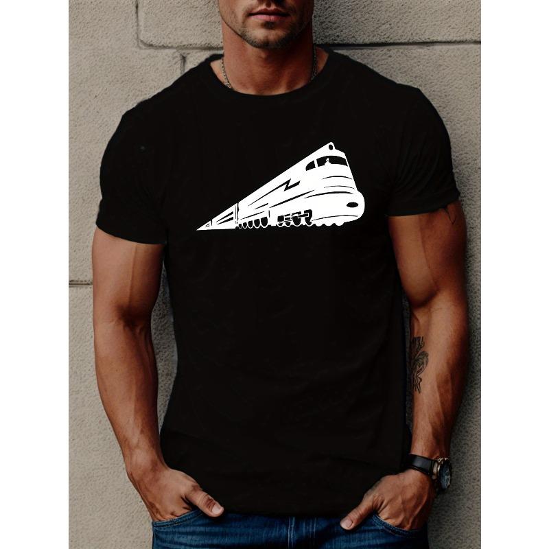 

Men s Casual Geometric Train Print T-Shirt, Short Sleeve, Round Neck, Summer Top, Regular Fit, 4XL чорний