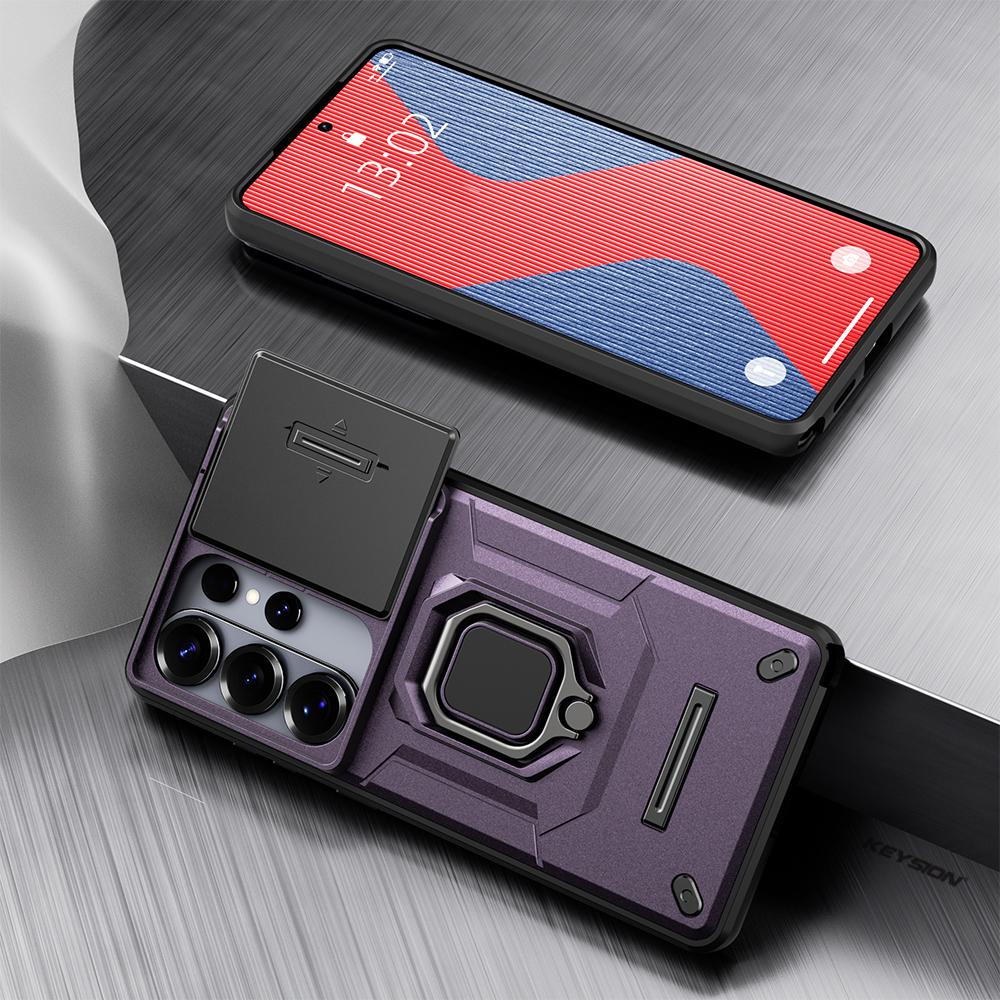 KEYSION Shockproof Armor Case for Samsung S26 Ultra 5G Slide Camera Lens Protection Ring Stand Phone Cover for Galaxy S26+ Plus