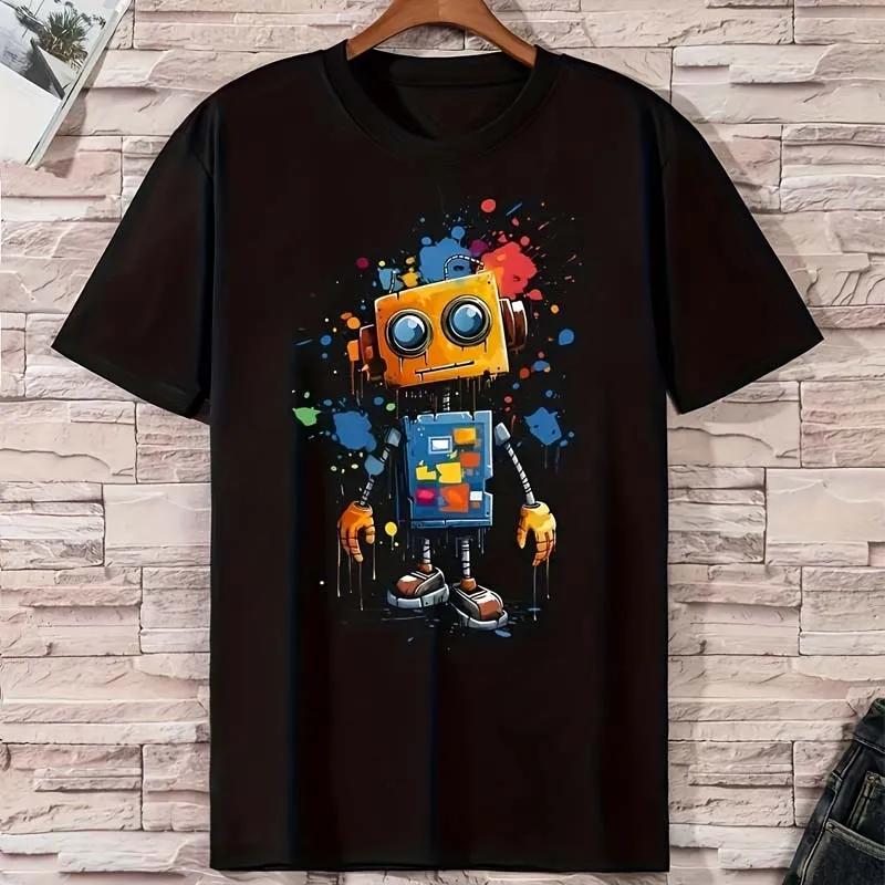 Colorful Robot Graphic Print Tshirts Summer Unisex Casual Fashion High Street Comfortable Tops Crew Neck Short Sleeve Cotton Tees