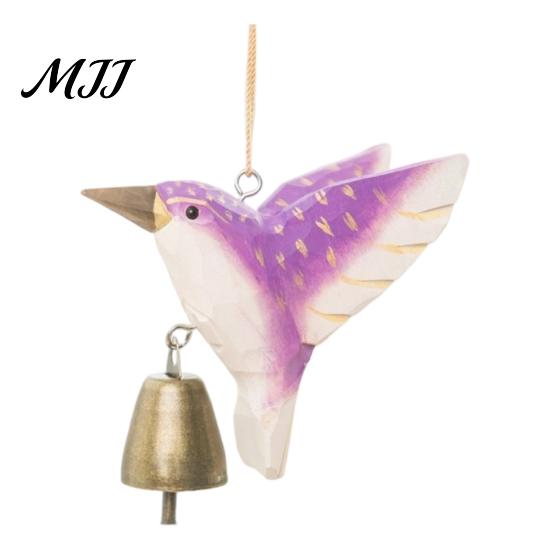 Eco Friendly Hanging Ornament Hand Carved Wooden Bird Wind Chime, Rustic Bell Decor Handmade Hummingbird Chimes with Rope, Wood Pendant for