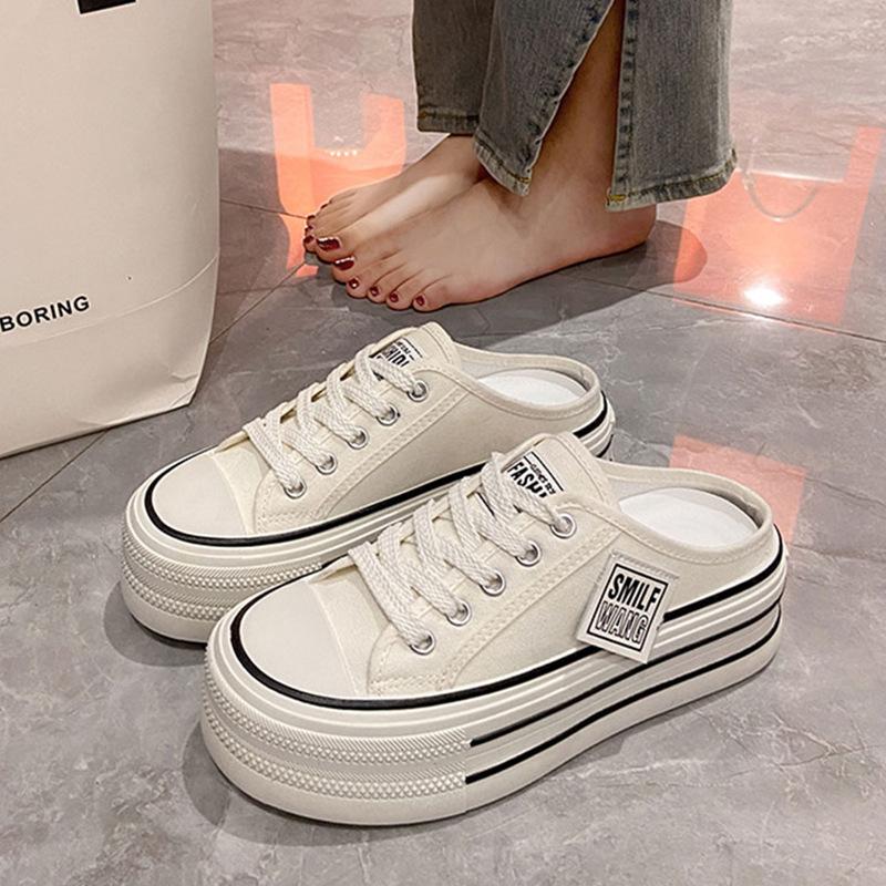 Baotou canvas half slippers women's new 2025 summer wear thick bottom heightening casual lace-up small white cool slippers