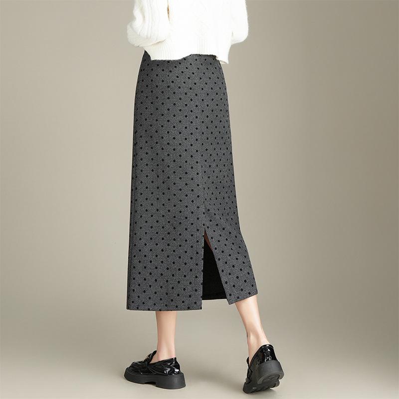 2025 Korean Grey Polka Dot Wool A-Line Skirt: Women's Autumn/Winter Straight Cut, Mid-Length with Back Slit