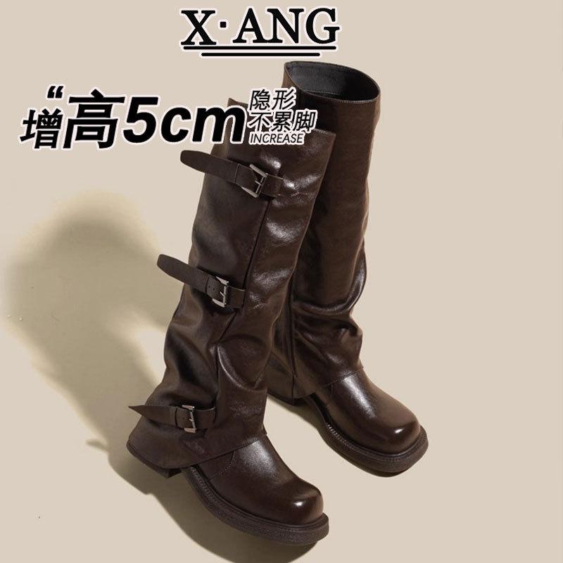 Leather Tall Boots Women's Boots But Knee Boots Thick Heel Thick Sole Height Increasing Knight Boots Western Cowboy Boots Pile Boots