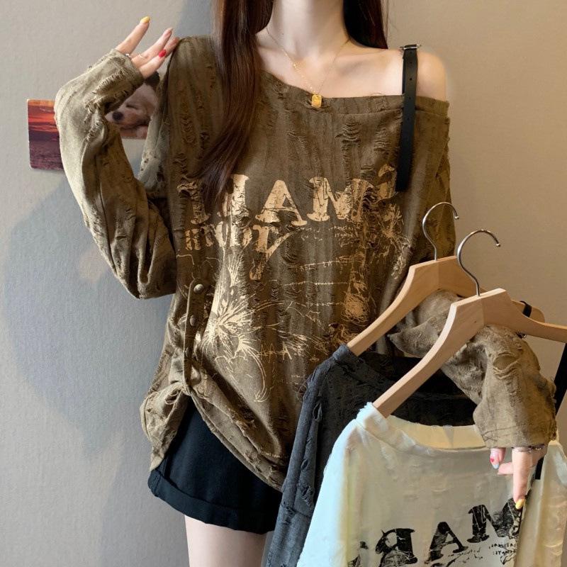 

Plus Size One-Shoulder Ripped Printed Top - American Style, Irregular Hem, Long Sleeves, New Autumn Arrival 3XL хаки