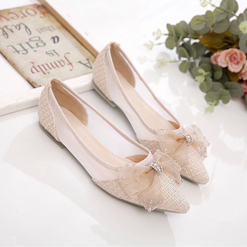 Female Loafers With Mesh Outer Fabric And Lace Bow For Casual Spring Wear