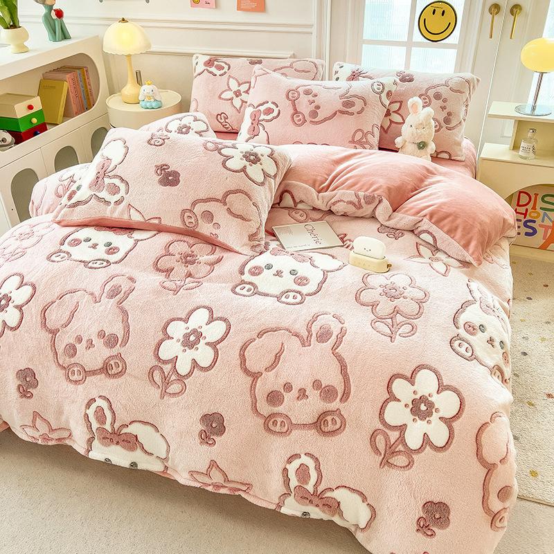 Winter Milk Fleece Bedding Four-piece Set Double-sided Fleece Thickened Sheets Quilt Cover Pillowcase