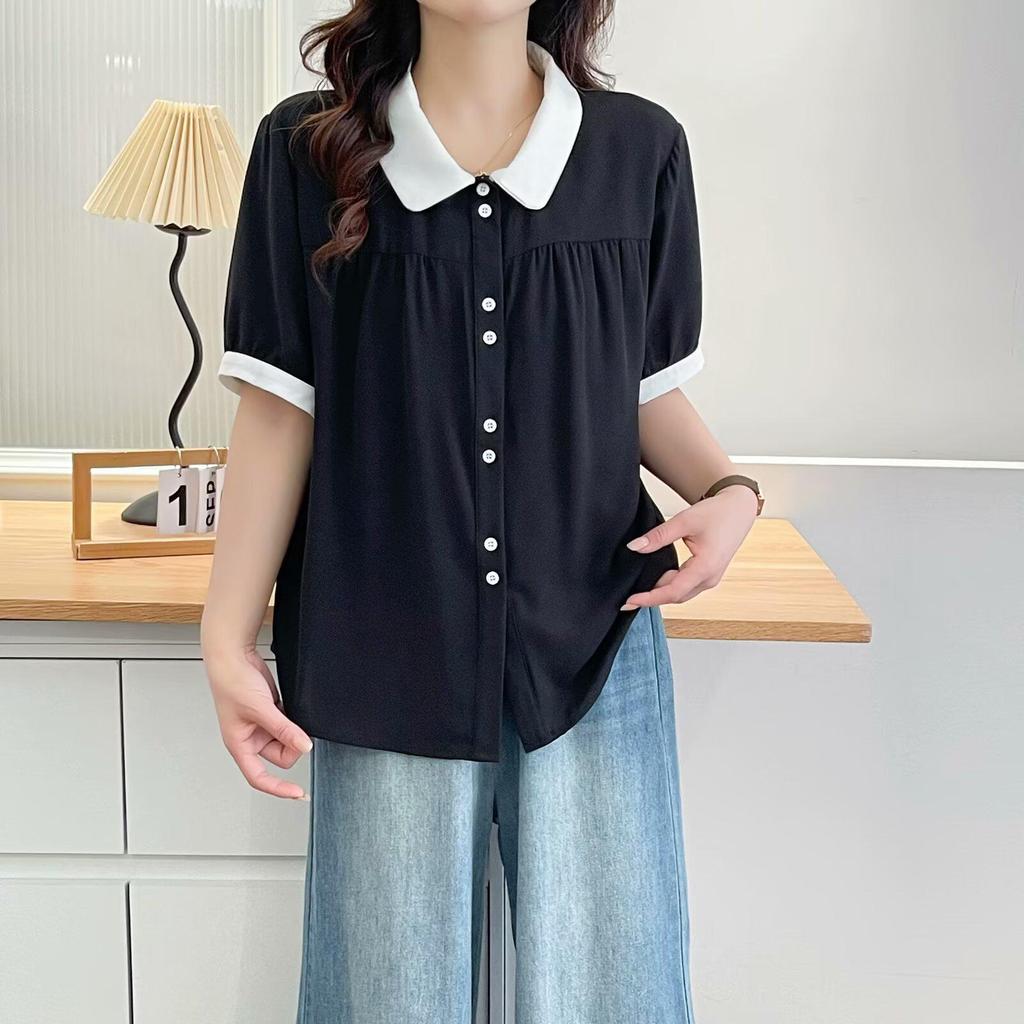 2025 Plus Size Women's Black/White Color Block Ice Silk Short Sleeve Cardigan Top