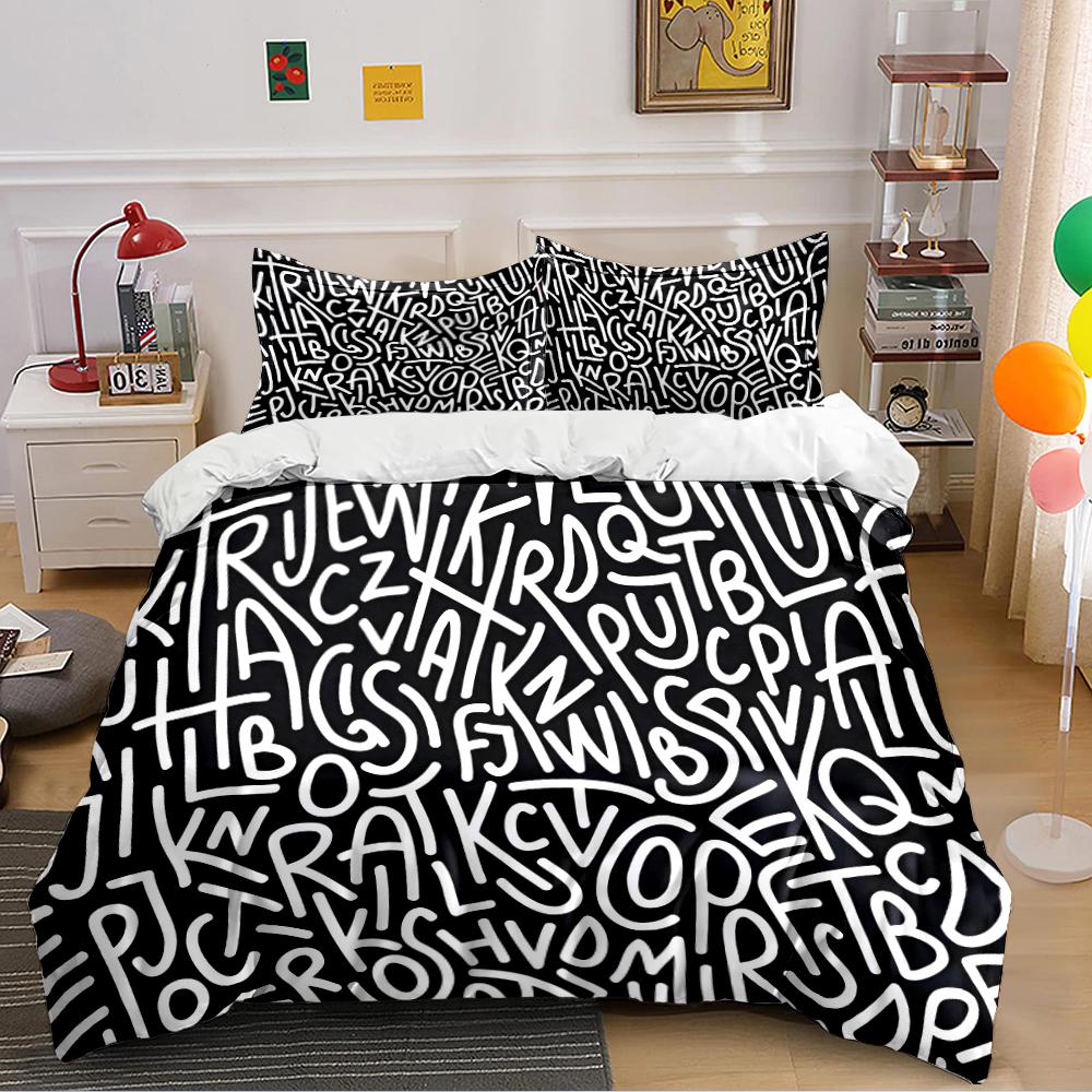 Black and White Alphabet Pattern Bedding Bedding set (1 duvet cover, 2 pillowcases, duvet not included) 135x200cm