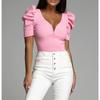 Verano Nuevo Mujer Manga Abullonada Manga Corta Color Sólido Simple Versátil Delgado Cuello en V Camiseta Top