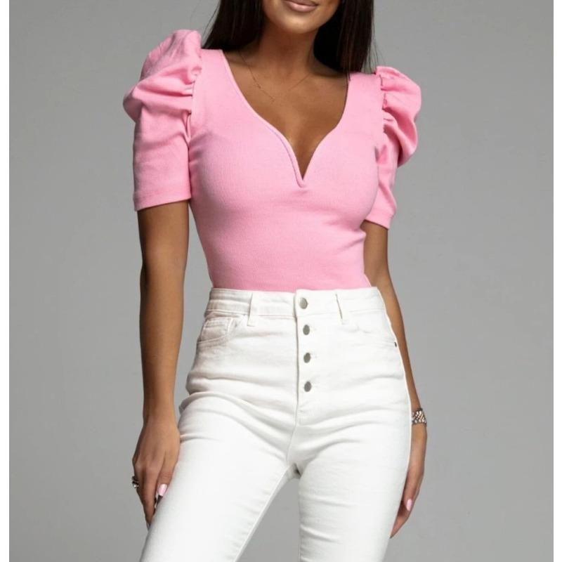 Verano Nuevo Mujer Manga Abullonada Manga Corta Color Sólido Simple Versátil Delgado Cuello en V Camiseta Top