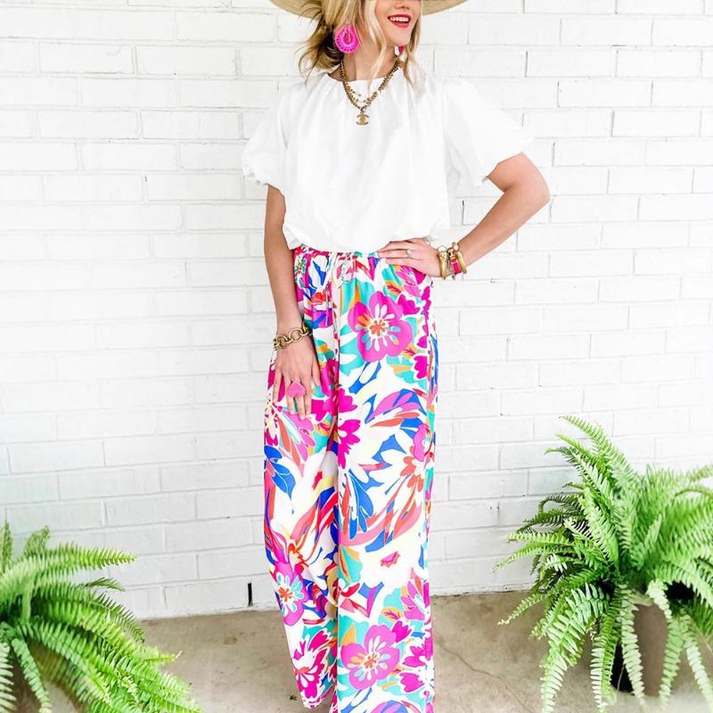 Plus Size Women's Autumn Print Casual Loose Meat Shield Straight Leg Wide Trousers