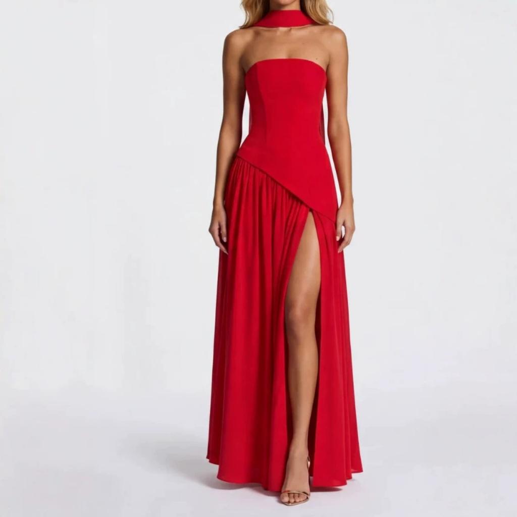 European American Women's Strapless Solid Color Backless Dress, Sexy High Slit Long Party Dress, New Fashion Casual Maxi Dress