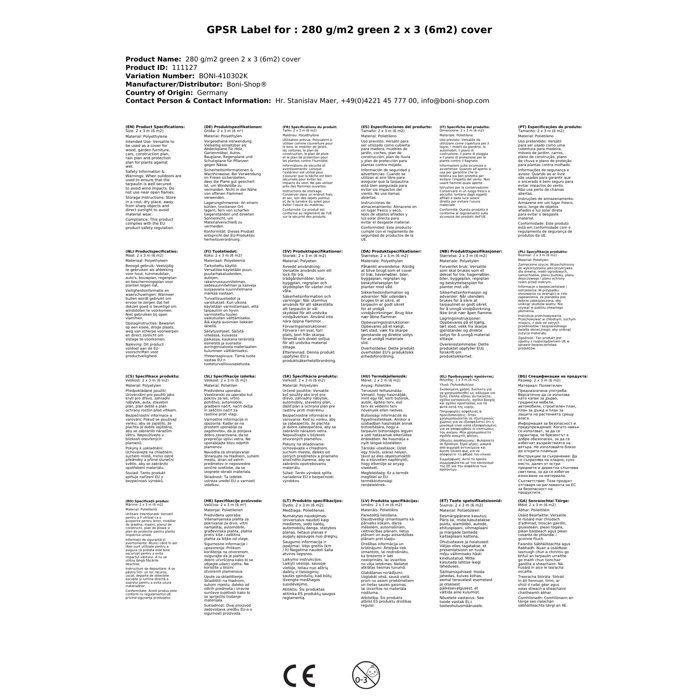 280 G/m² Green 2 X 3 (6m²) Tarp