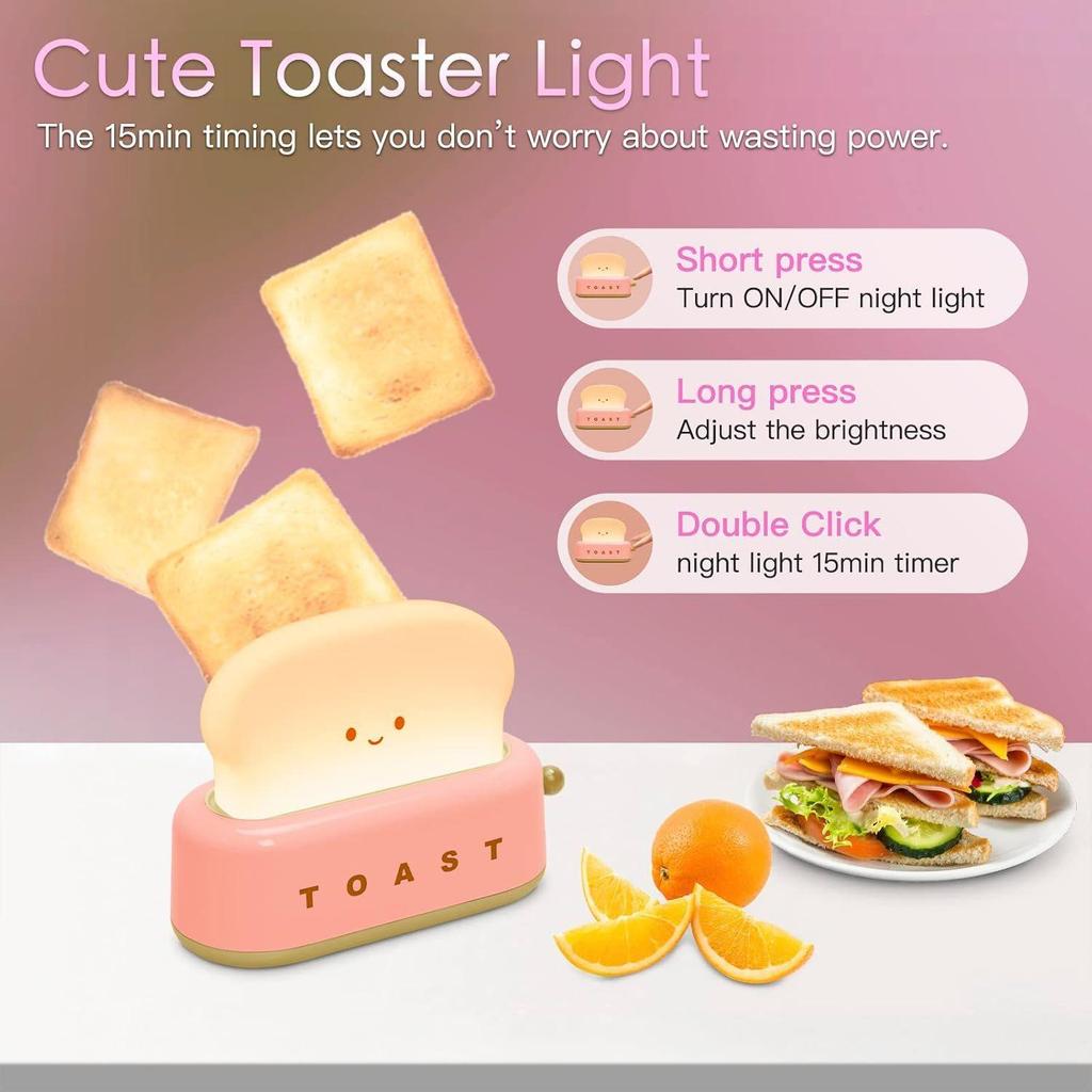 Plastic Cute Toast Night Lamp for Kids | Rechargeable LED Bedside Table Light with Smile Face | Kawaii Desk Lamp for Bedroom, Nursery, Stud