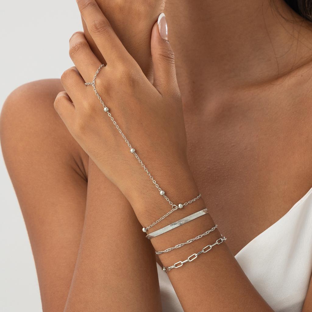 Simple Diamond-Encrusted Thin Chain Stacked Finger Bracelet, Cold Wind Metal Snake Bone Chain, Back Chain.