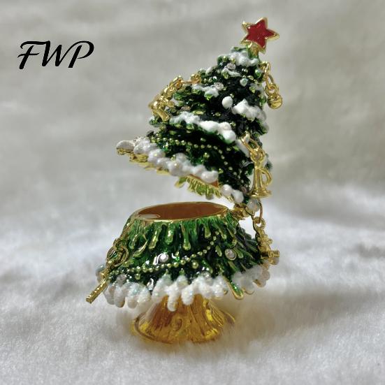 Christmas Anniversary Gift Tree Jewelry Box, Enamel Inlay Alloy Organizer, Vintage Style Trinket Box Compact Decorative Ornament for Dressing