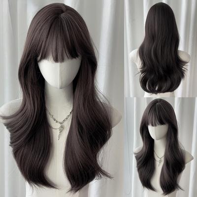 Black Curly Wave Bangs Wig 22 Inch 26 Inch Fiber Synthetic Wig Heat-resistant Natural Party or Selfie For Women Korean Fashion