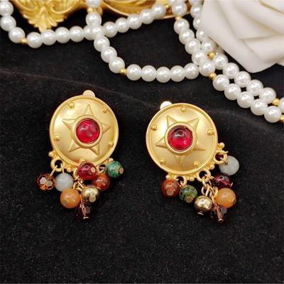 Retro Vintage Round Glass Bead Dangle Earrings with S925 Silver Studs and Gold-Plated Alloy for Women