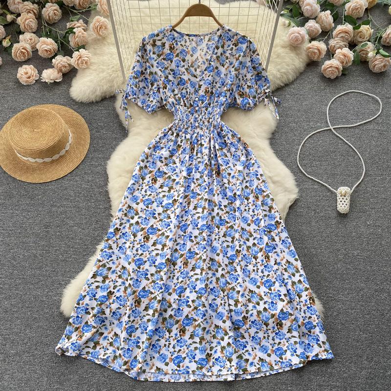 Women Summer Spring Short Sleeve Flower Print V-neck Casual A-Line Ankle-Length High Waist Dress