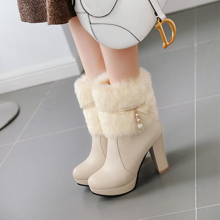 Waterproof Plush High Heel Ankle Boots with Velvet Lining - Autumn/Winter Turn-up Chunky Platform