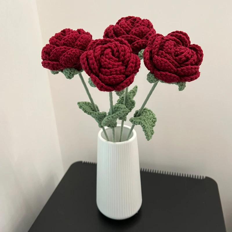 1pc Romantic Wine Red Knitted Rose Bunch Diy Finished Flower Crafts Valentine's Days Wedding Couple Gift Hand Crochet Home Decor