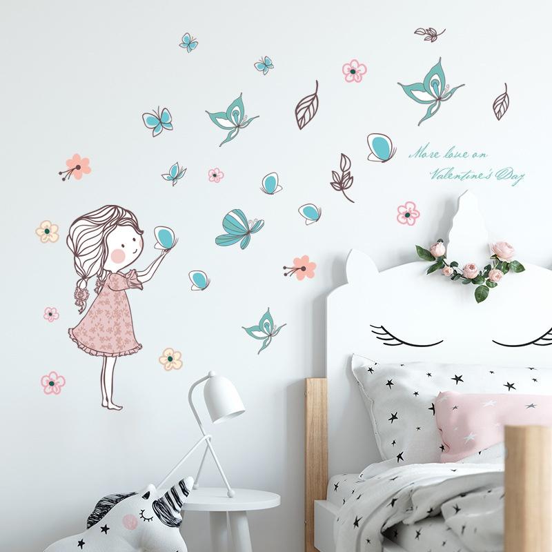 New New Creative Cartoon Flying Butterfly Girl Wall Sticker Children Room Living Room Background Decorat