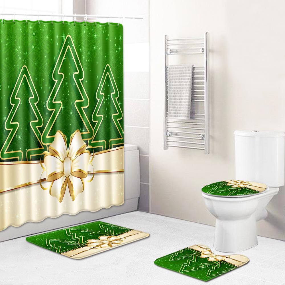 Christmas Four-Piece Shower Curtain Combination Floor Mat Set Bathroom Non-Slip Door Mat Absorbent Carpet