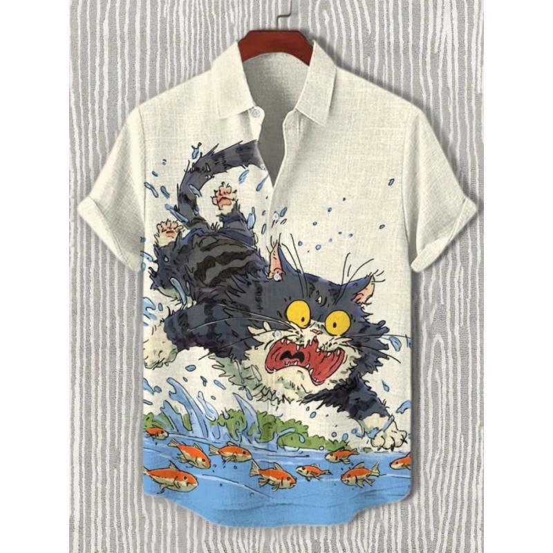 

3D Printed Fun Cat Fish Hawaiian Shirt for Men Cute Animals Pattern Aloha Shirts Summer Short Sleeve Tops Street S