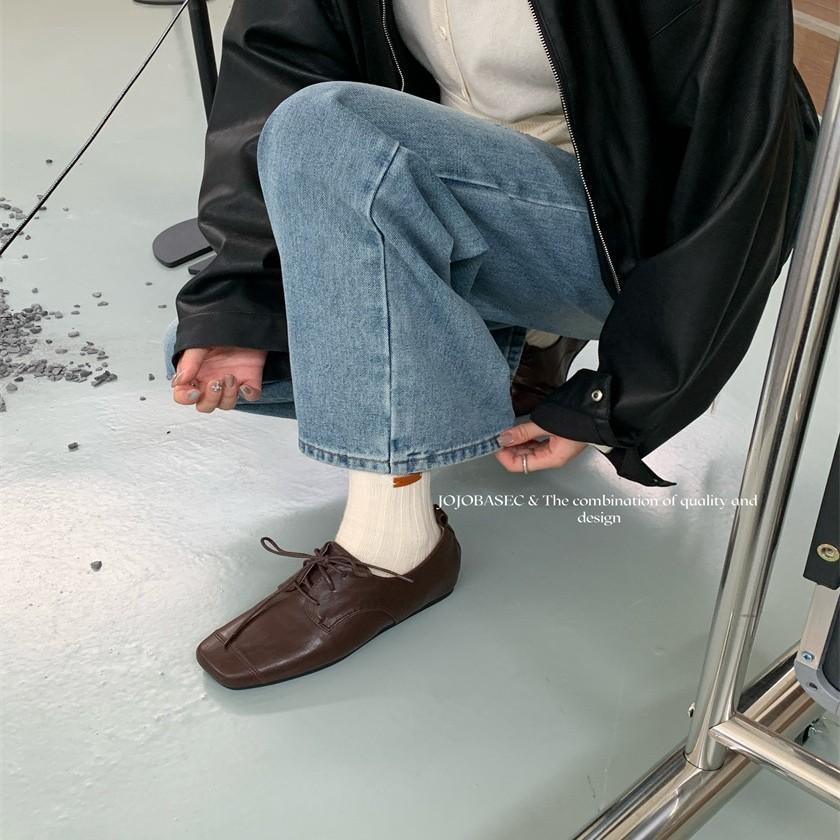 British style retro women's soft-soled one-pedal single shoes women's 2025 autumn new French black lace-up square head loafers