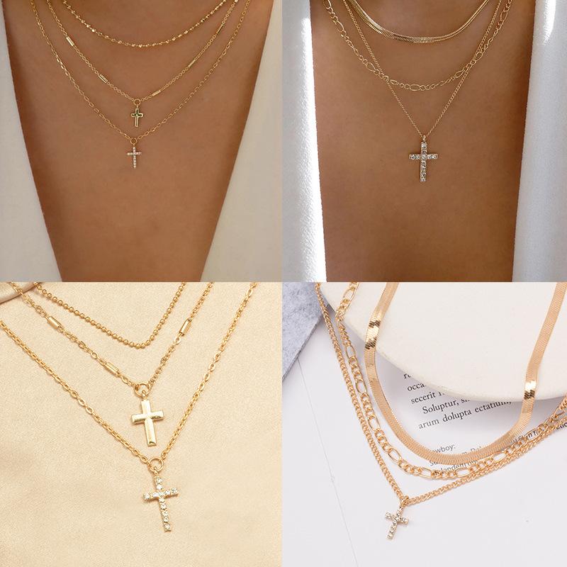 European and American new jewelry light luxury style diamond-encrusted diamond necklace women's alloy cross stacked multi-layer necklace