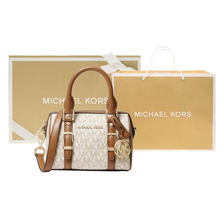Michael Kors Bedford Logo Print Leather Boston Bag Women Bags Vanilla-White Acorn-Brown 32F9G06C0B-149